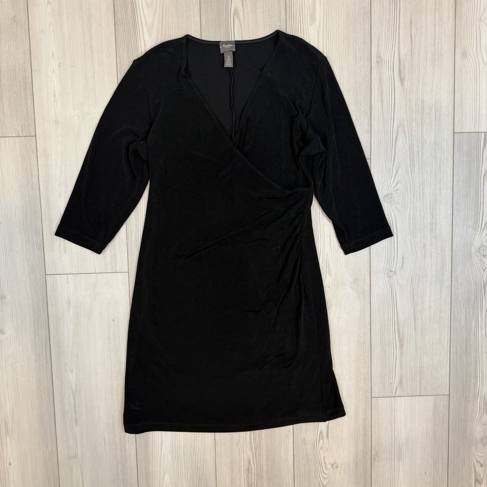 Chicos Travelers 2 Large Petite Black 3/4 Sleeve Acetate Faux Wrap Dress‎ Slinky